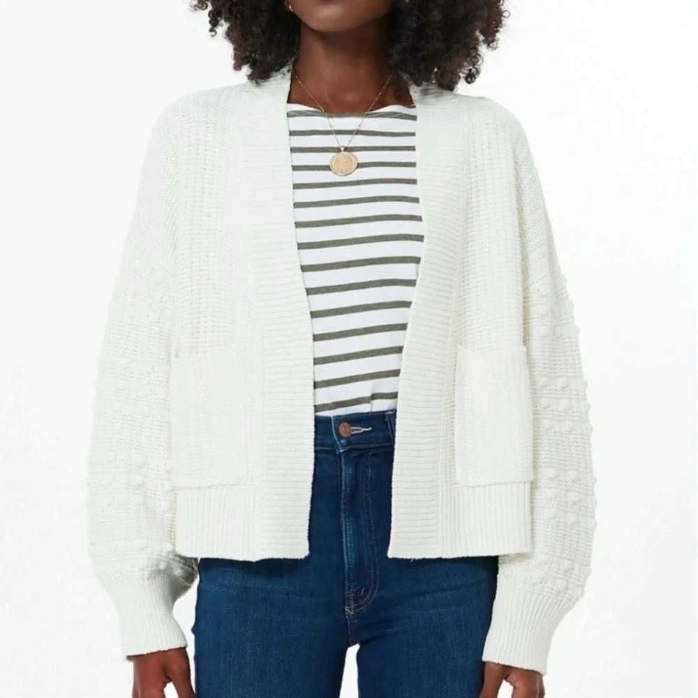 Pomander Place Tuckernuck Ivory Knit Pom Open Cardigan XS Pocket Chunky Knit